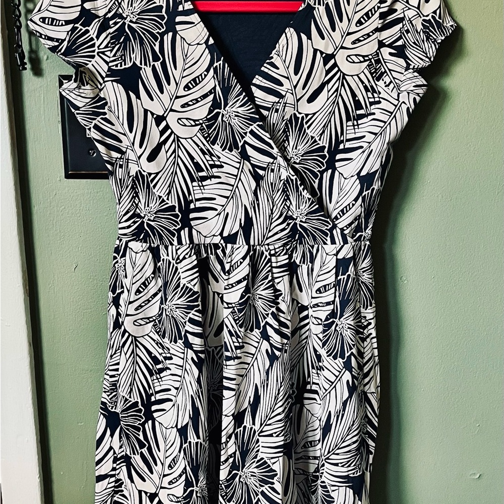 Pact Navy and Cream Leaf Print Dress